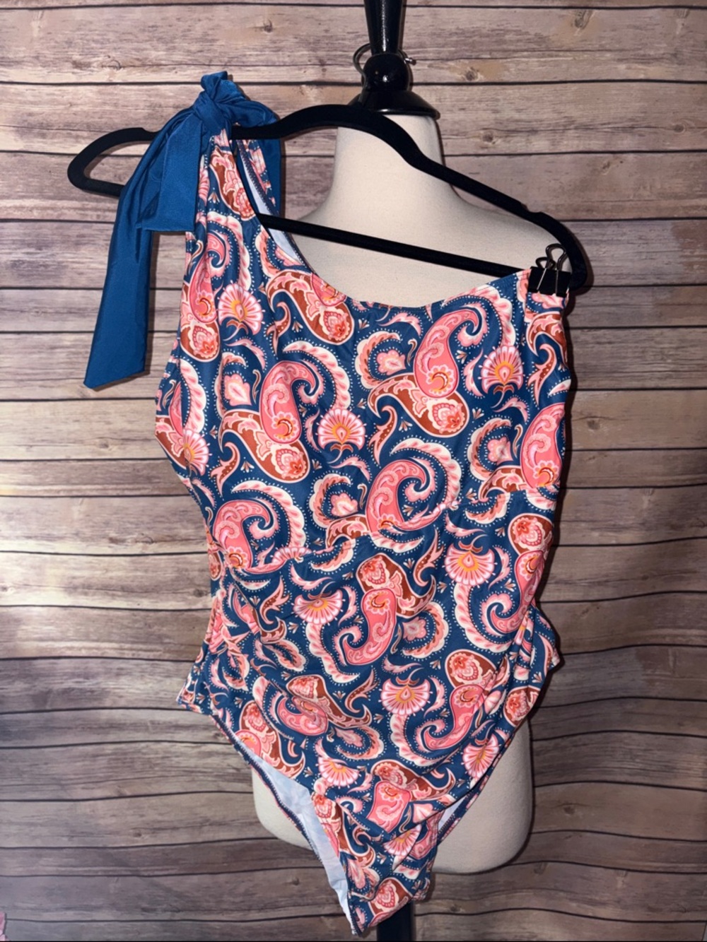 Grace Karin Navy Paisley One-Shoulder Swimsuit with Coral Accents